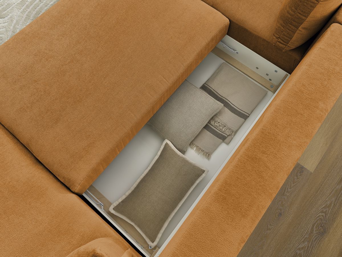 LUCIEN panoramische slaapbank met opbergvak, gladde stof