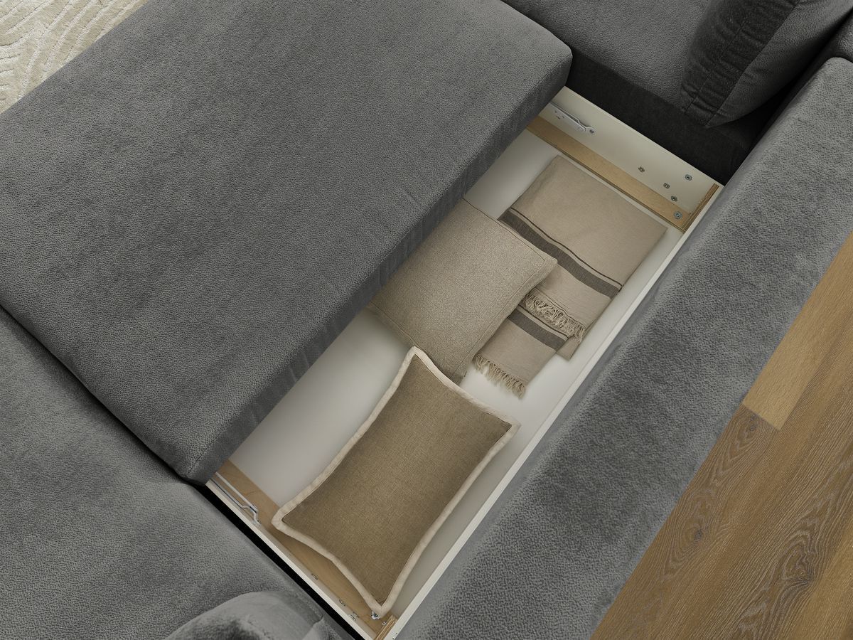 LUCIEN panoramische slaapbank met opbergvak, gladde stof