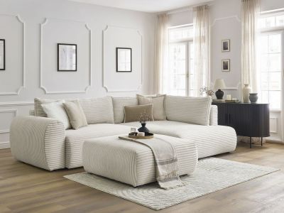 Canapé d'angle L convertible coffre LUCIEN gros côtelé doux avec pouf