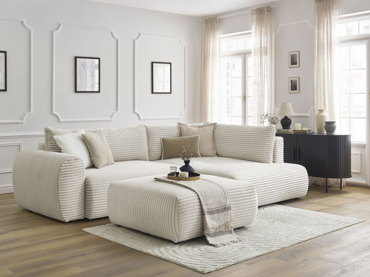 Canapé d'angle L convertible coffre LUCIEN gros côtelé doux avec pouf