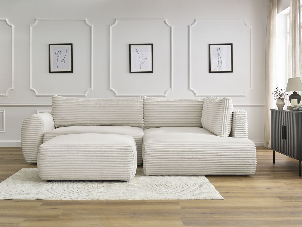 Canapé d'angle L convertible coffre LUCIEN gros côtelé doux avec pouf beige — vue 5