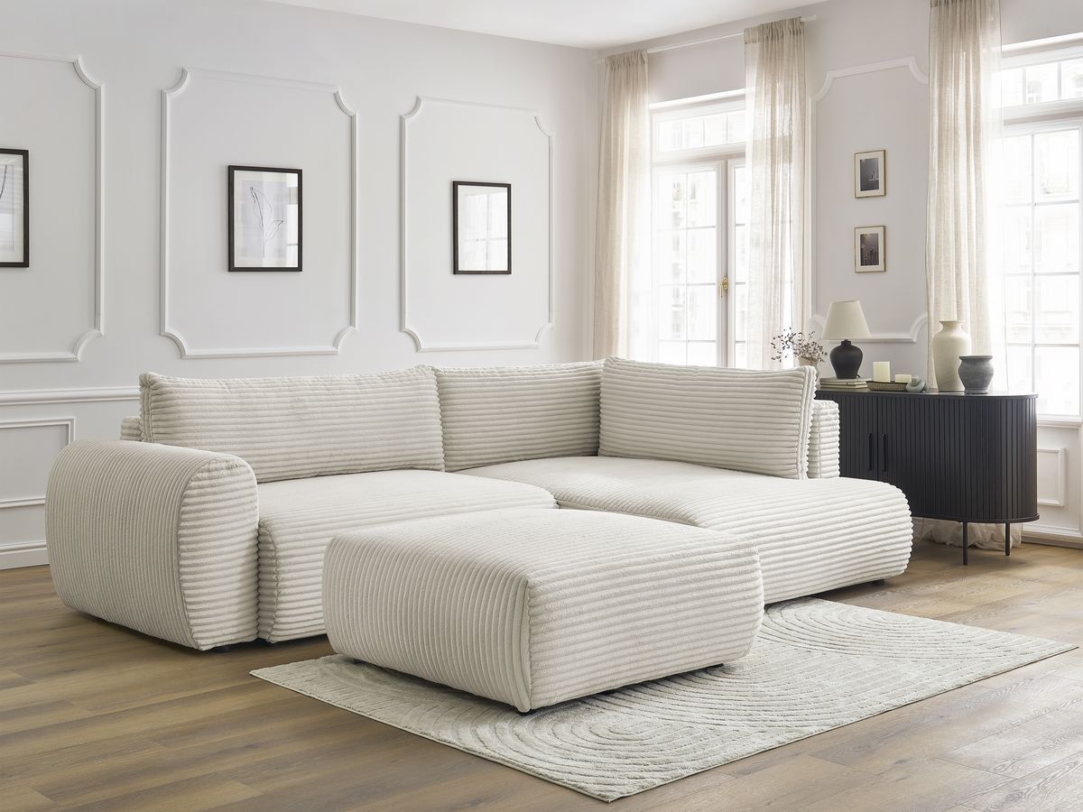 Canapé d'angle L convertible coffre LUCIEN gros côtelé doux avec pouf