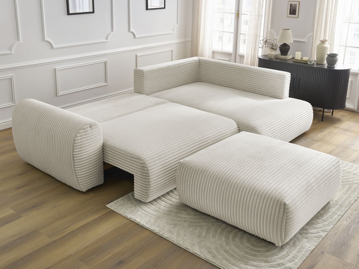 Canapé d'angle L convertible coffre LUCIEN gros côtelé doux avec pouf