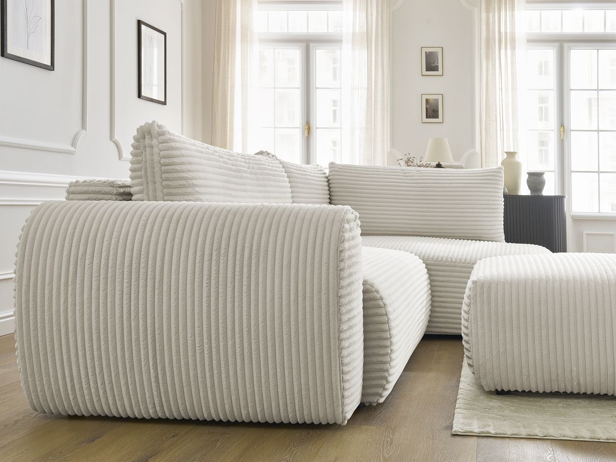 Canapé d'angle L convertible coffre LUCIEN gros côtelé doux avec pouf