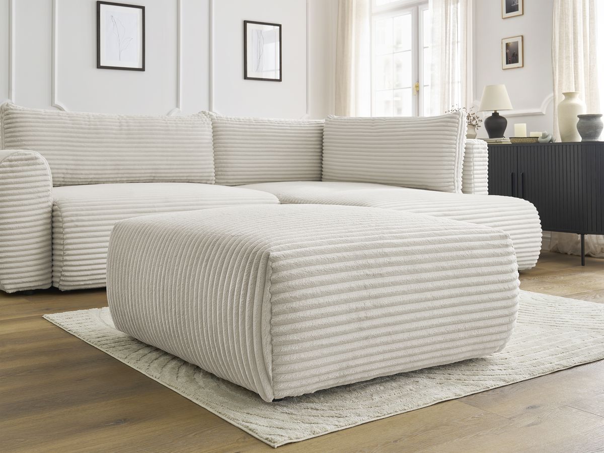 Canapé d'angle L convertible coffre LUCIEN gros côtelé doux avec pouf