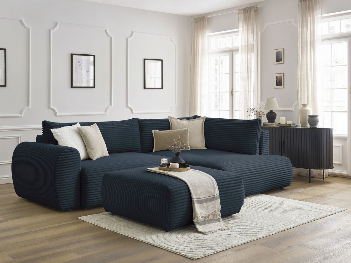 Canapé d'angle L convertible coffre LUCIEN gros côtelé doux avec pouf