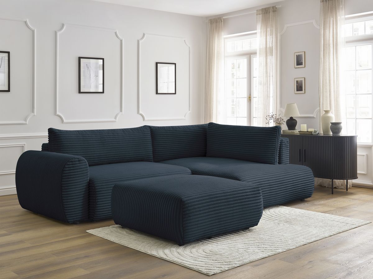 Canapé d'angle L convertible coffre LUCIEN gros côtelé doux avec pouf