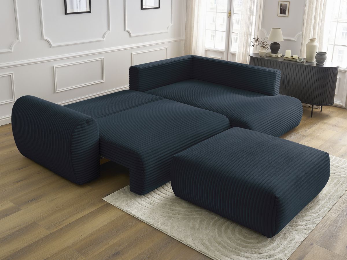Canapé d'angle L convertible coffre LUCIEN gros côtelé doux avec pouf