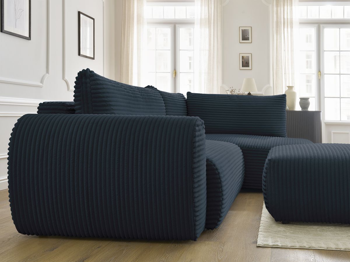 Canapé d'angle L convertible coffre LUCIEN gros côtelé doux avec pouf