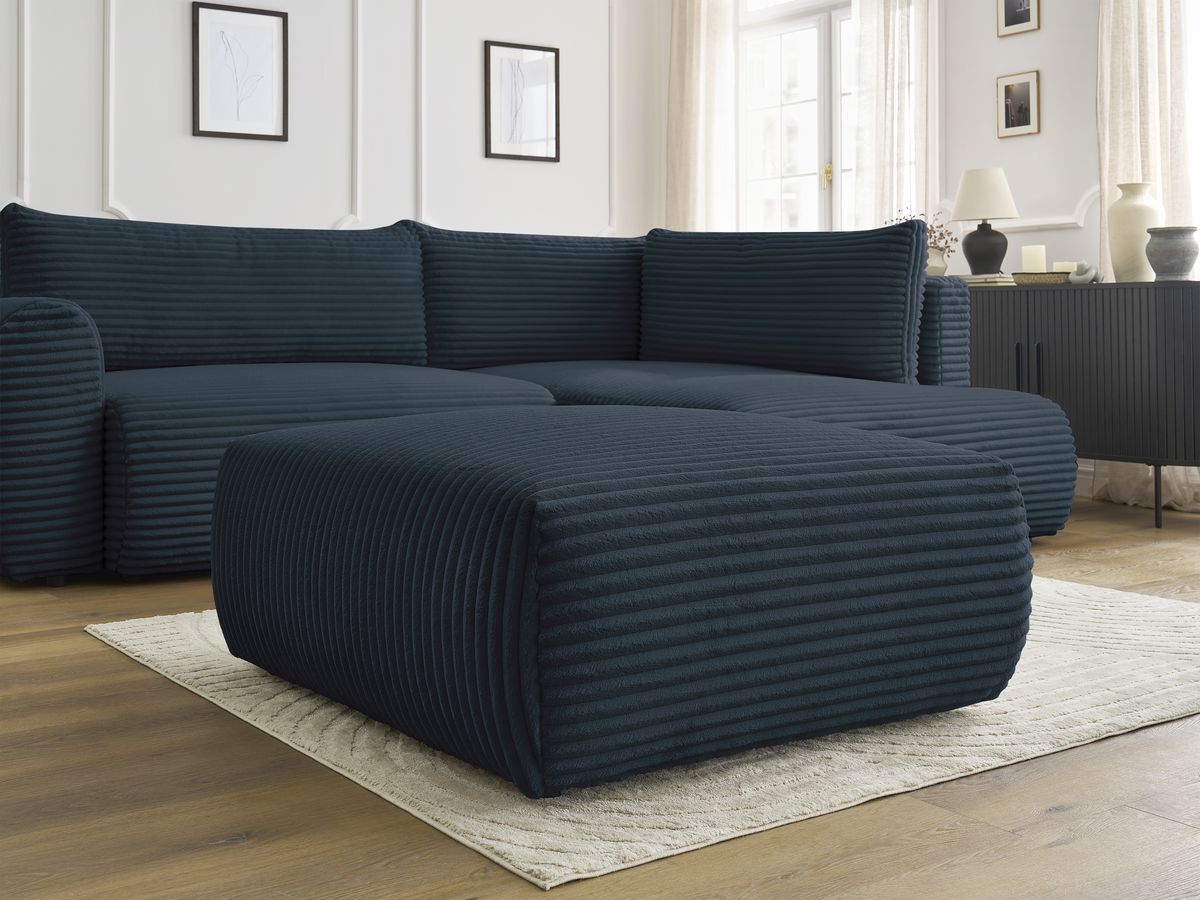 Canapé d'angle L convertible coffre LUCIEN gros côtelé doux avec pouf