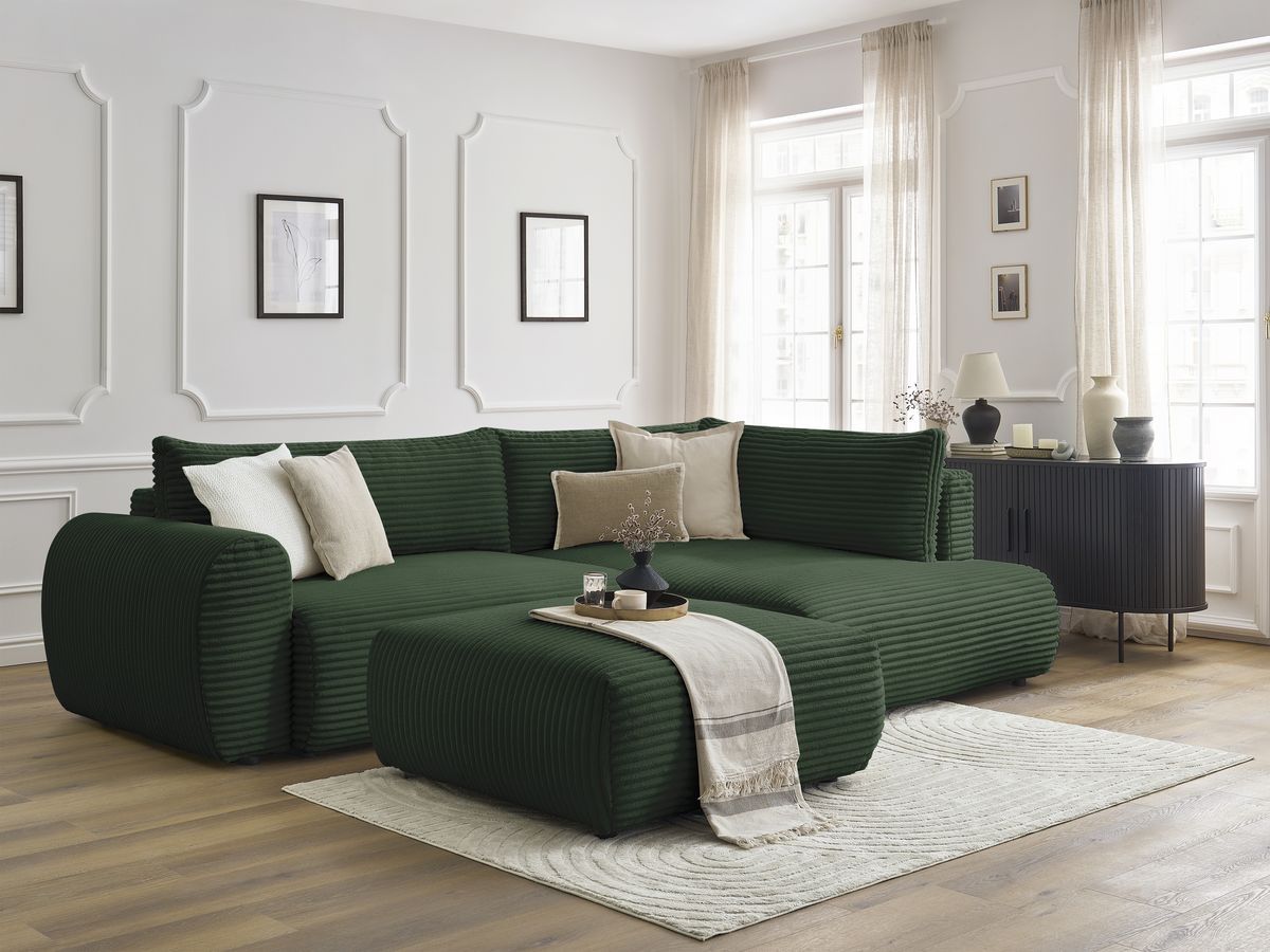 Canapé d'angle L convertible coffre LUCIEN gros côtelé doux avec pouf