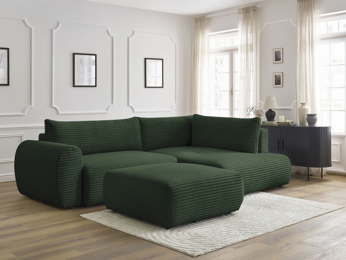 Canapé d'angle L convertible coffre LUCIEN gros côtelé doux avec pouf