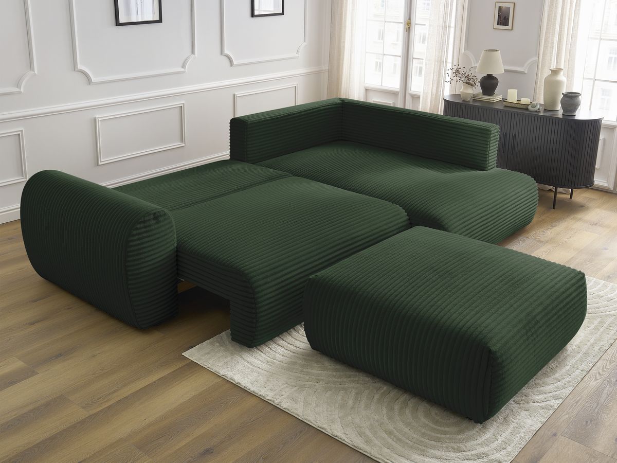 Canapé d'angle L convertible coffre LUCIEN gros côtelé doux avec pouf