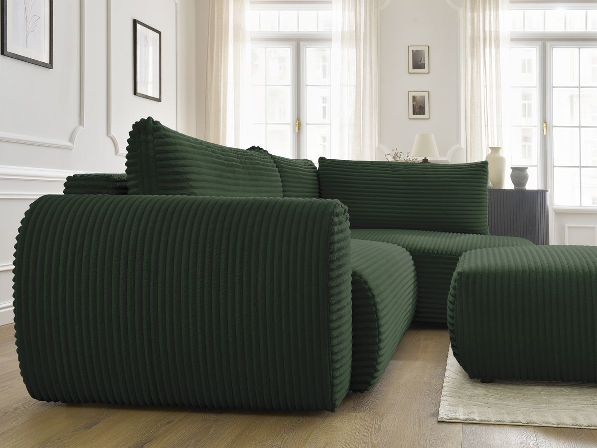 Canapé d'angle L convertible coffre LUCIEN gros côtelé doux avec pouf
