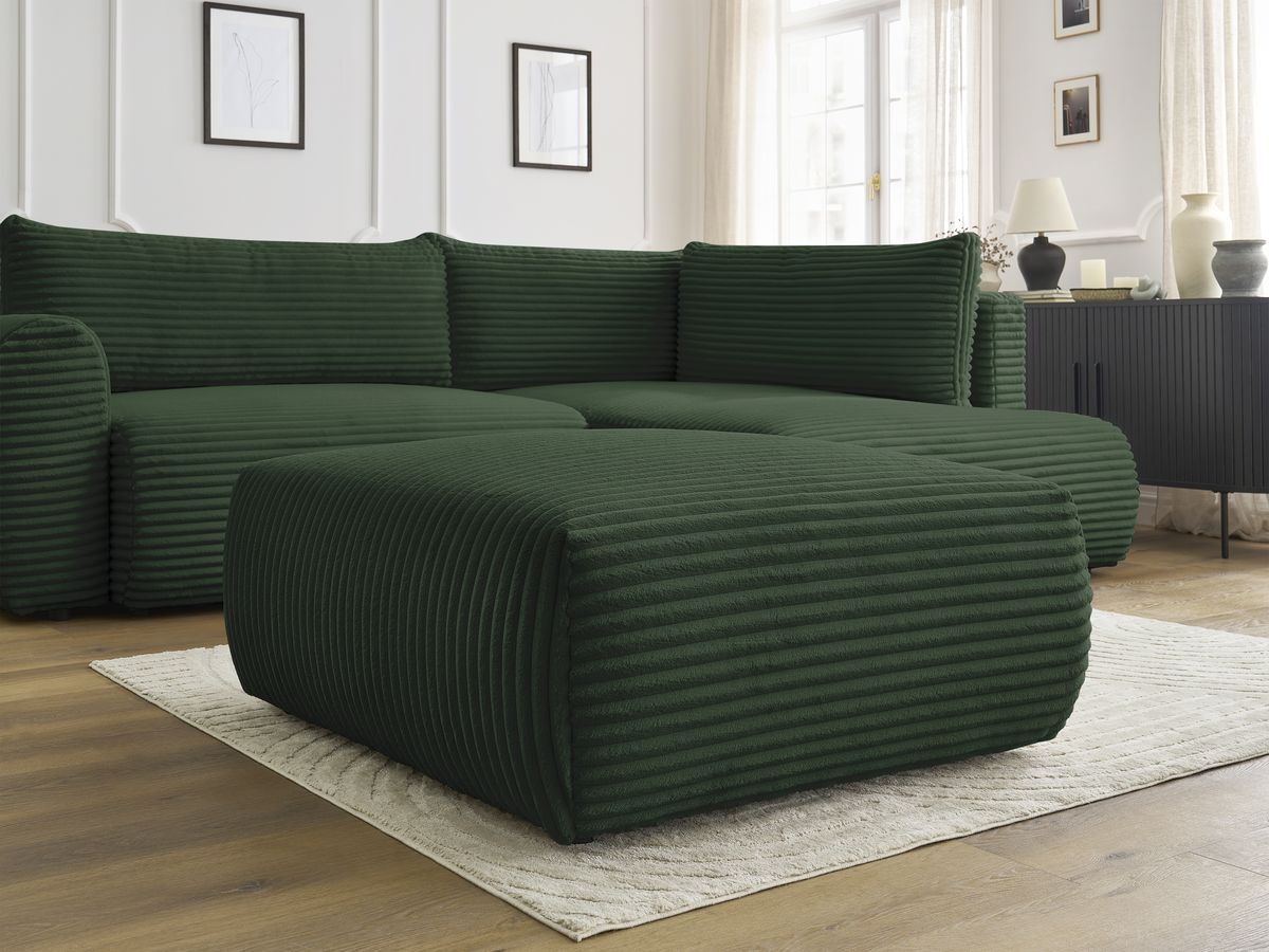 Canapé d'angle L convertible coffre LUCIEN gros côtelé doux avec pouf