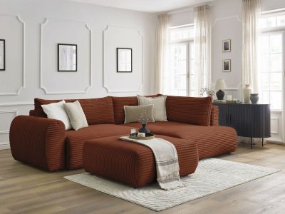 Canapé d'angle L convertible coffre LUCIEN gros côtelé doux avec pouf