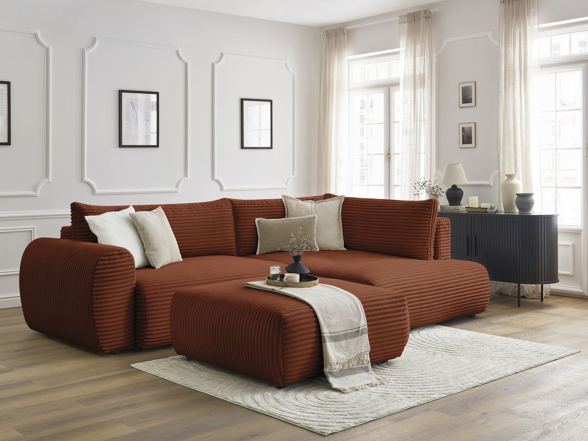 Canapé d'angle L convertible coffre LUCIEN gros côtelé doux avec pouf