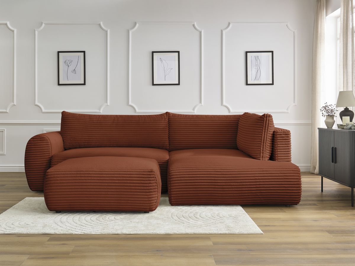 Canapé d'angle L convertible coffre LUCIEN gros côtelé doux avec pouf orange — vue 5
