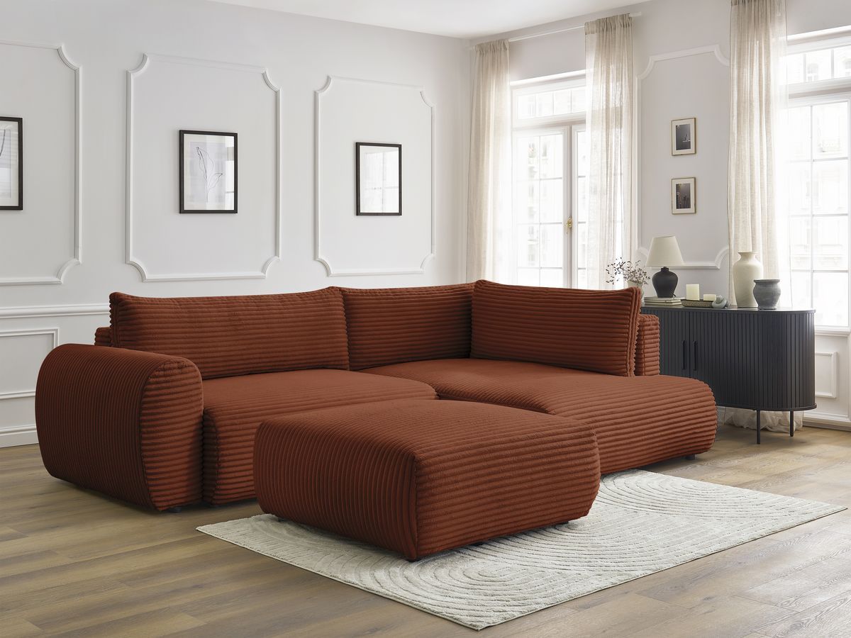 Canapé d'angle L convertible coffre LUCIEN gros côtelé doux avec pouf