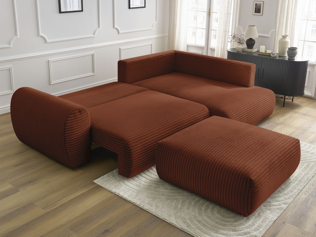 Canapé d'angle L convertible coffre LUCIEN gros côtelé doux avec pouf
