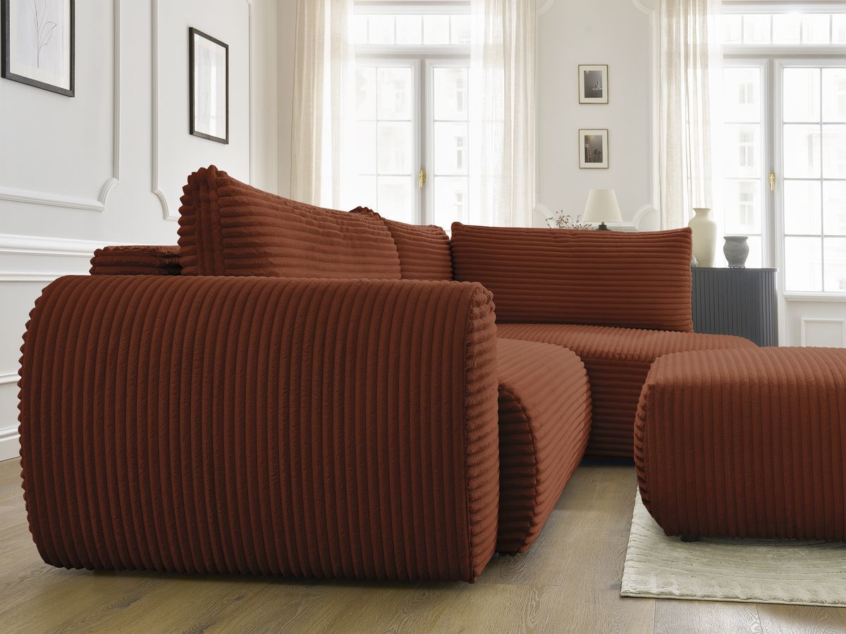 Canapé d'angle L convertible coffre LUCIEN gros côtelé doux avec pouf