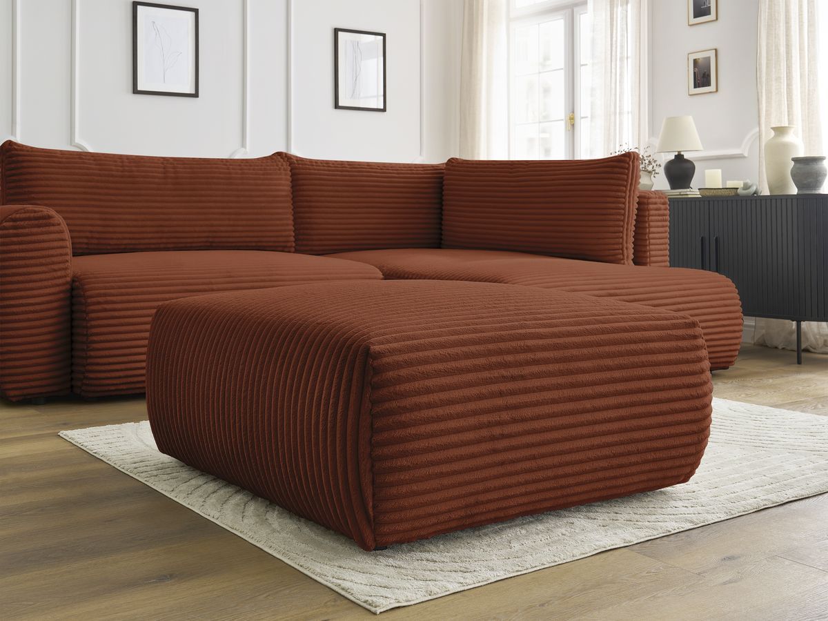 Canapé d'angle L convertible coffre LUCIEN gros côtelé doux avec pouf