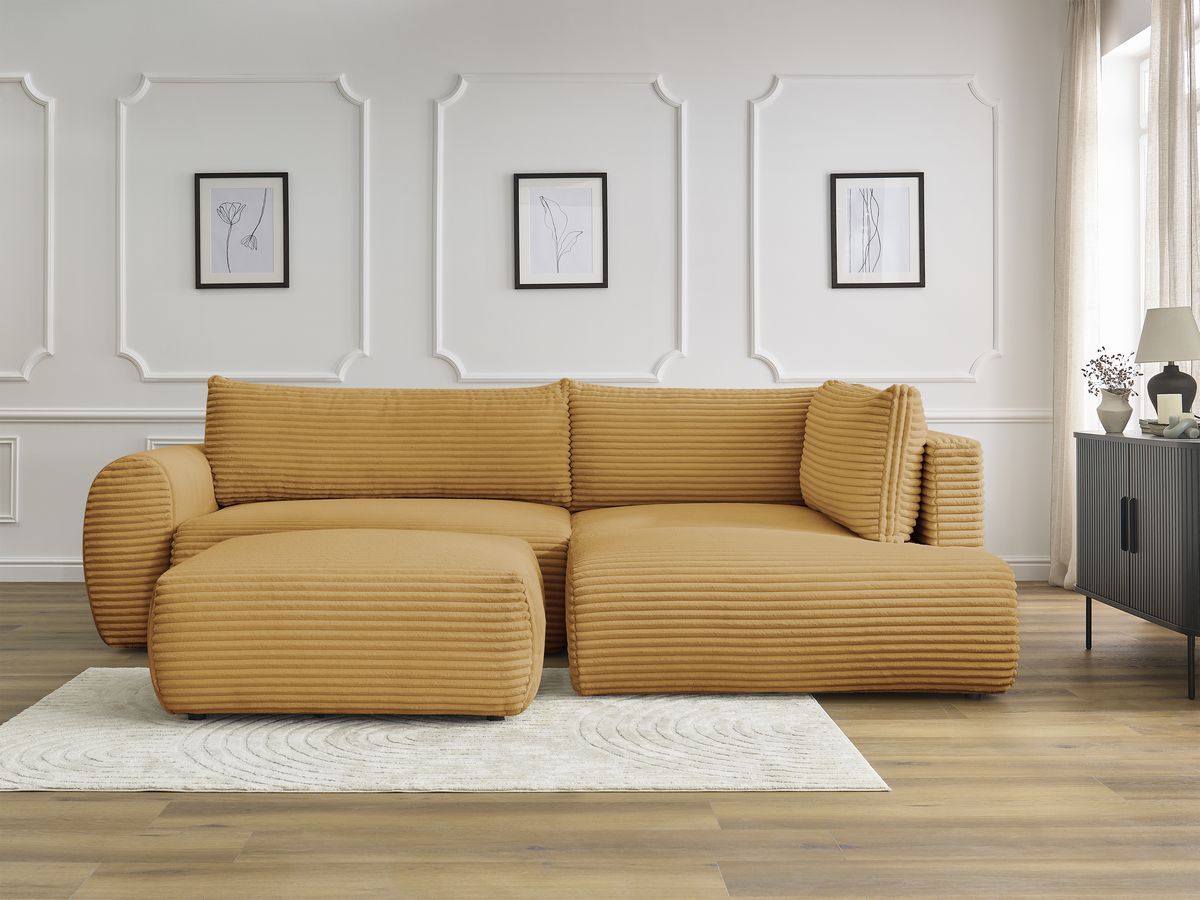 Canapé d'angle L convertible coffre LUCIEN gros côtelé doux avec pouf jaune — vue 5