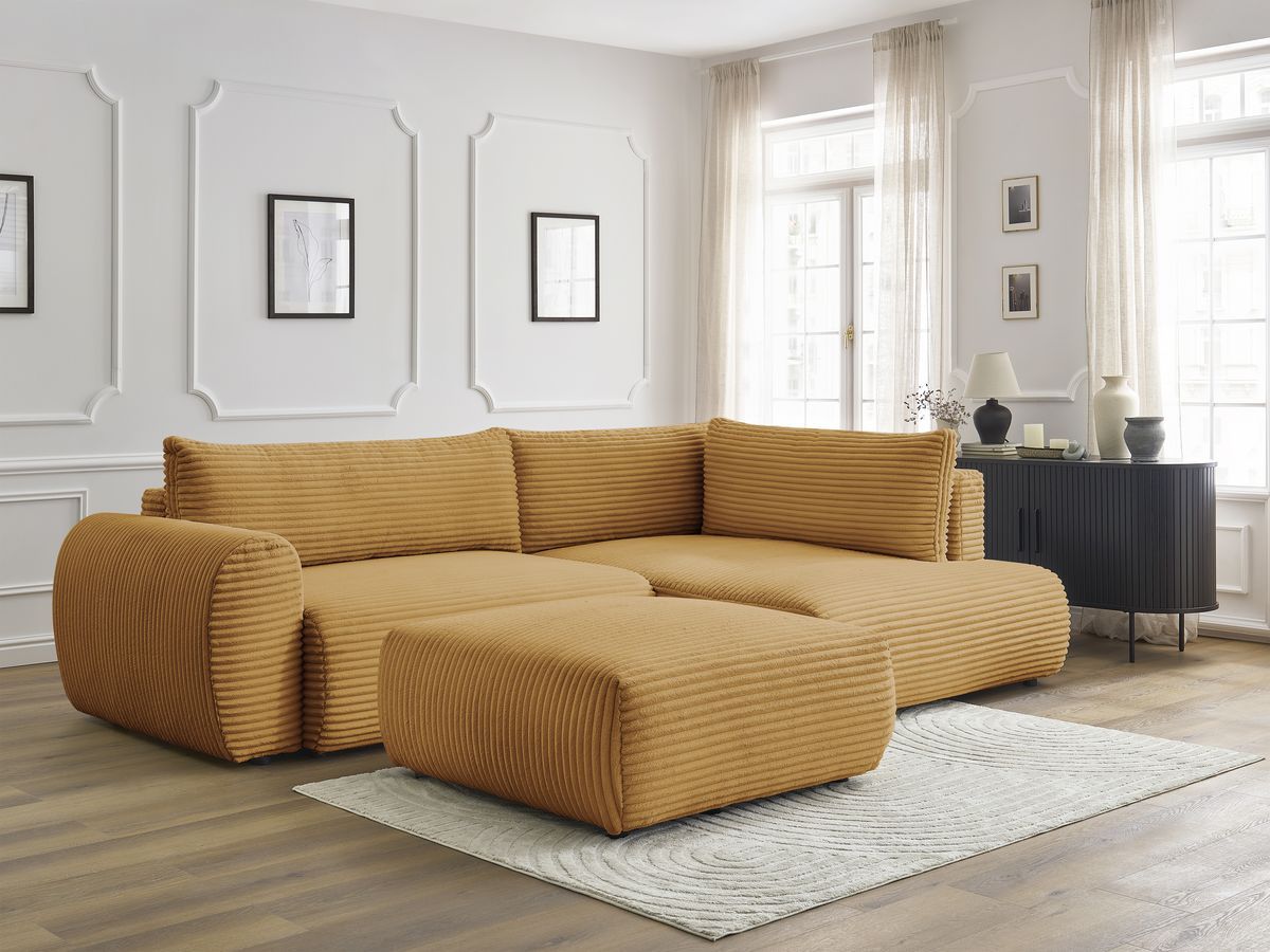 Canapé d'angle fixe EVEREST tissu chiné - Orange - Angle droit - 10 coussins