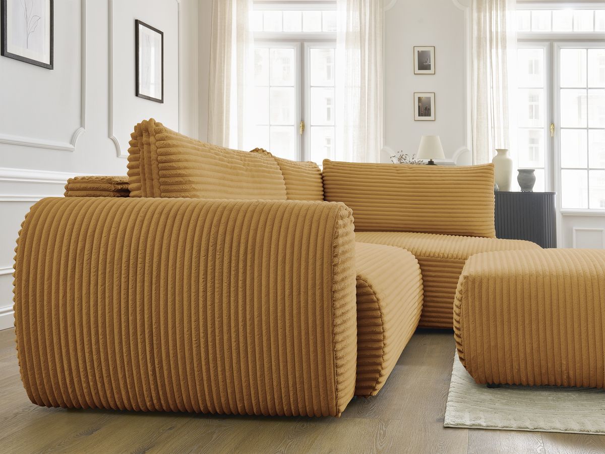 Canapé d'angle fixe EVEREST tissu chiné - Orange - Angle droit - 10 coussins