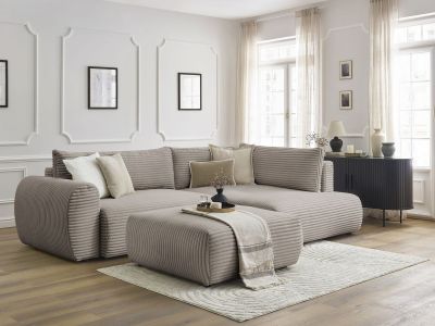 Canapé d'angle L convertible coffre LUCIEN gros côtelé doux avec pouf