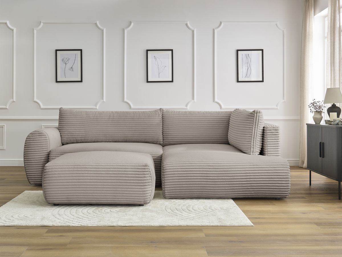 Canapé d'angle L convertible coffre LUCIEN gros côtelé doux avec pouf taupe — vue 5