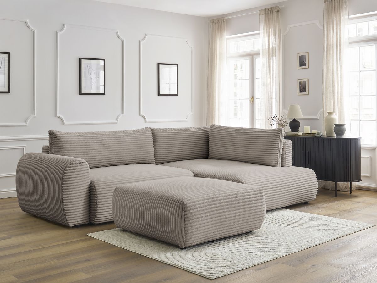 Canapé d'angle L convertible coffre LUCIEN gros côtelé doux avec pouf