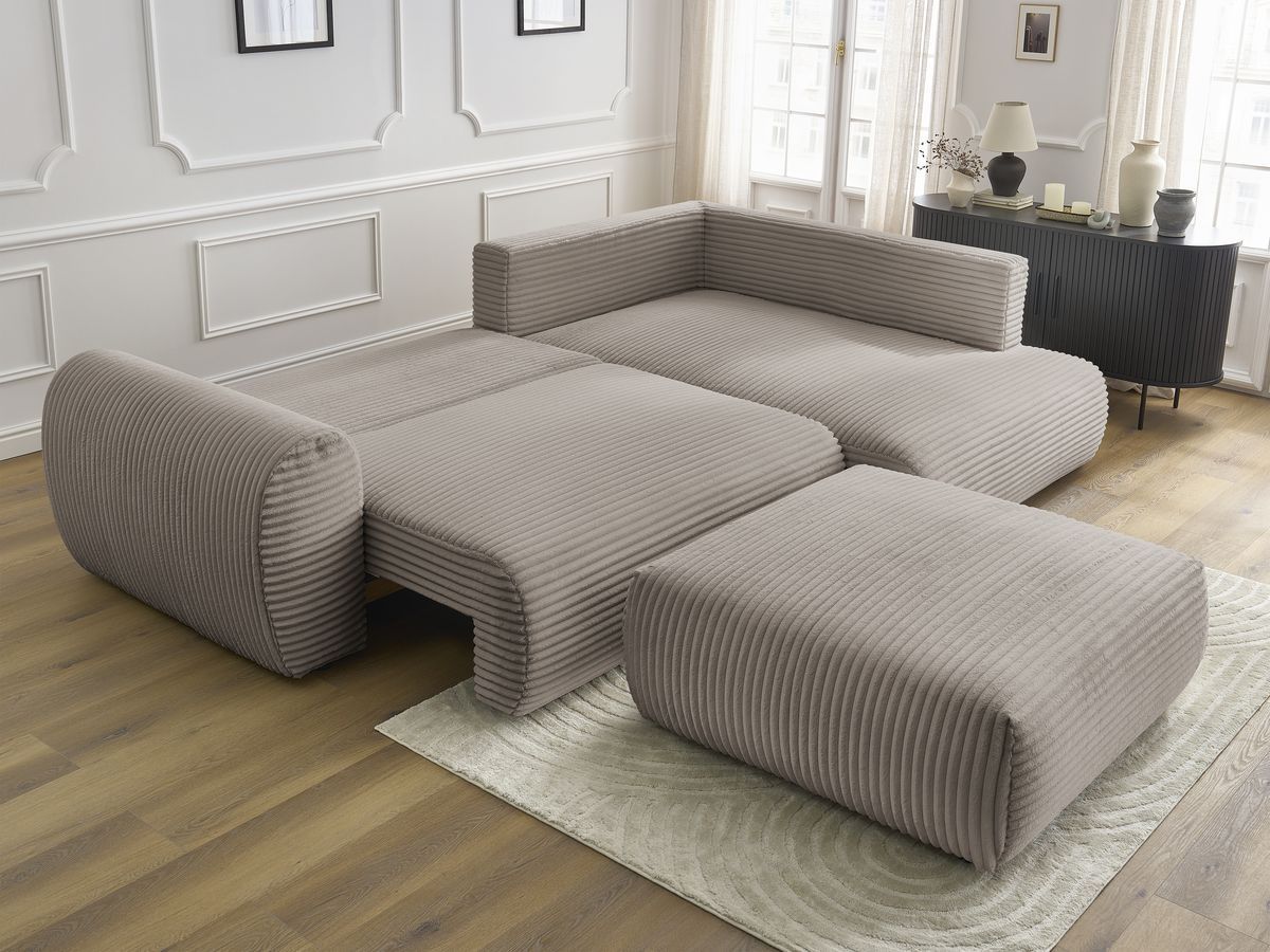 Canapé d'angle L convertible coffre LUCIEN gros côtelé doux avec pouf