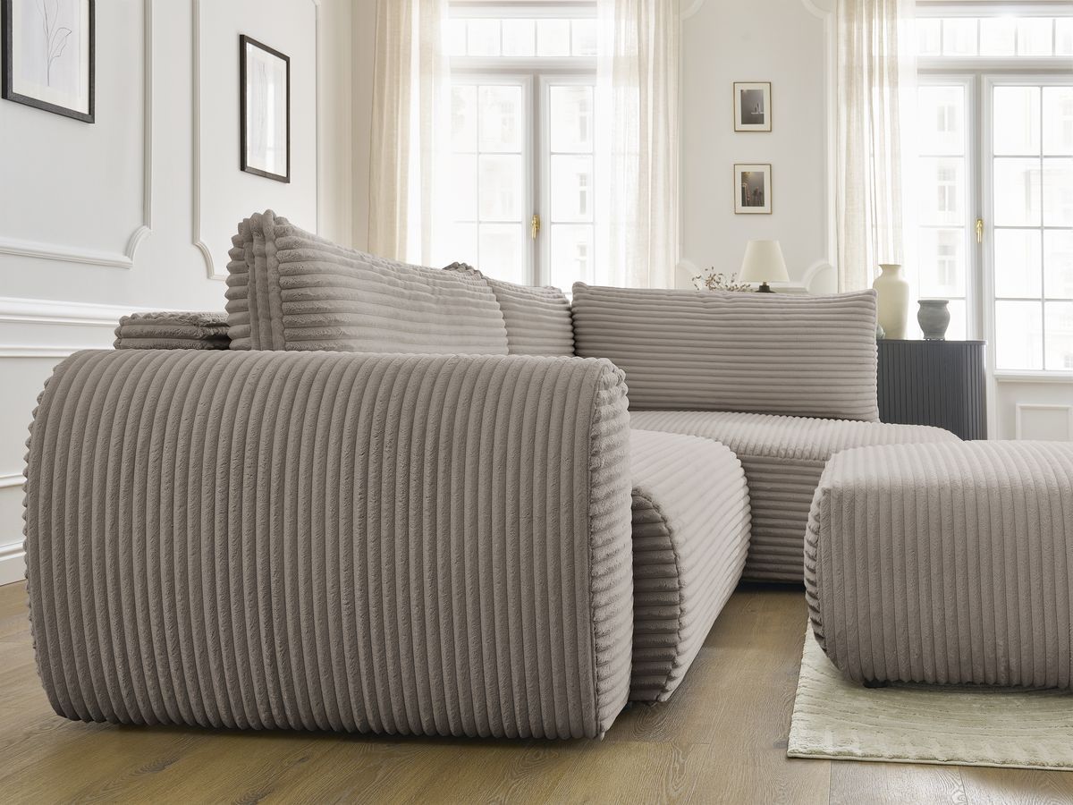 Canapé d'angle L convertible coffre LUCIEN gros côtelé doux avec pouf