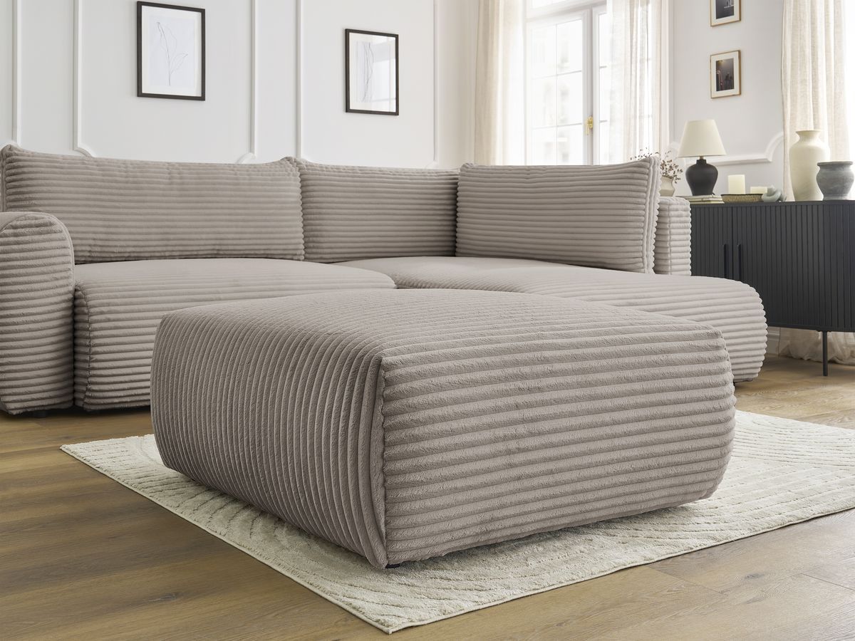 Canapé d'angle L convertible coffre LUCIEN gros côtelé doux avec pouf