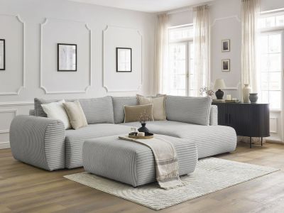 Canapé d'angle L convertible coffre LUCIEN gros côtelé doux avec pouf