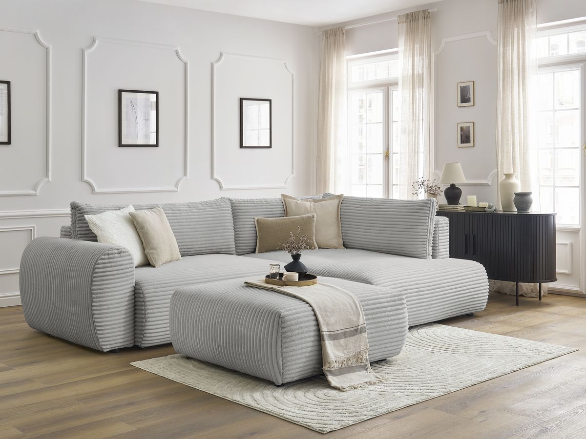 Canapé d'angle L convertible coffre LUCIEN gros côtelé doux avec pouf