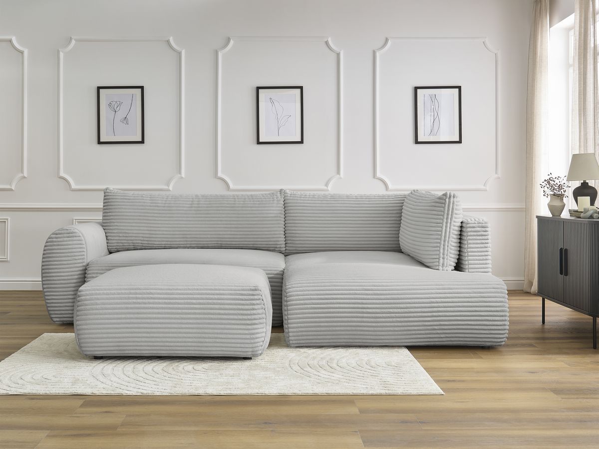 Canapé d'angle L convertible coffre LUCIEN gros côtelé doux avec pouf gris clair — vue 5