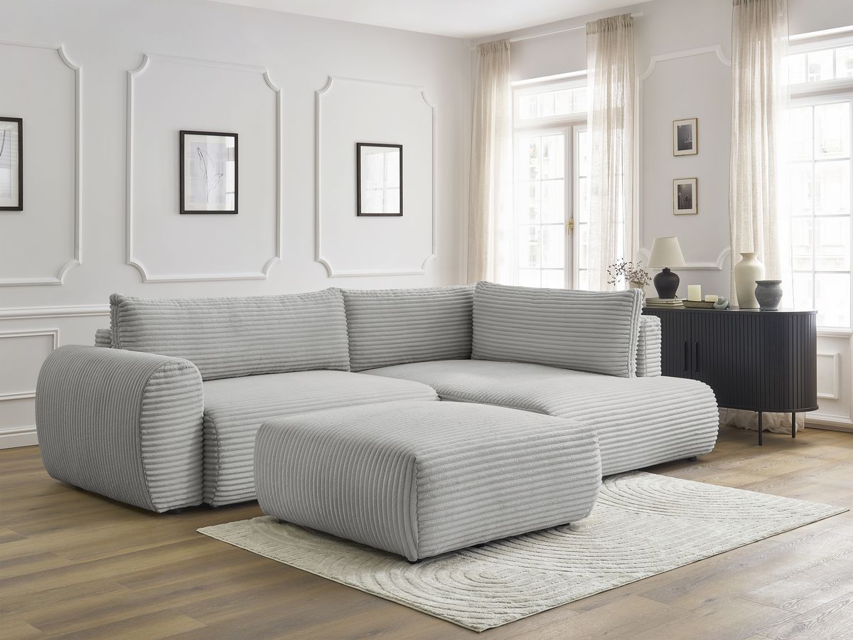 Canapé d'angle L convertible coffre LUCIEN gros côtelé doux avec pouf
