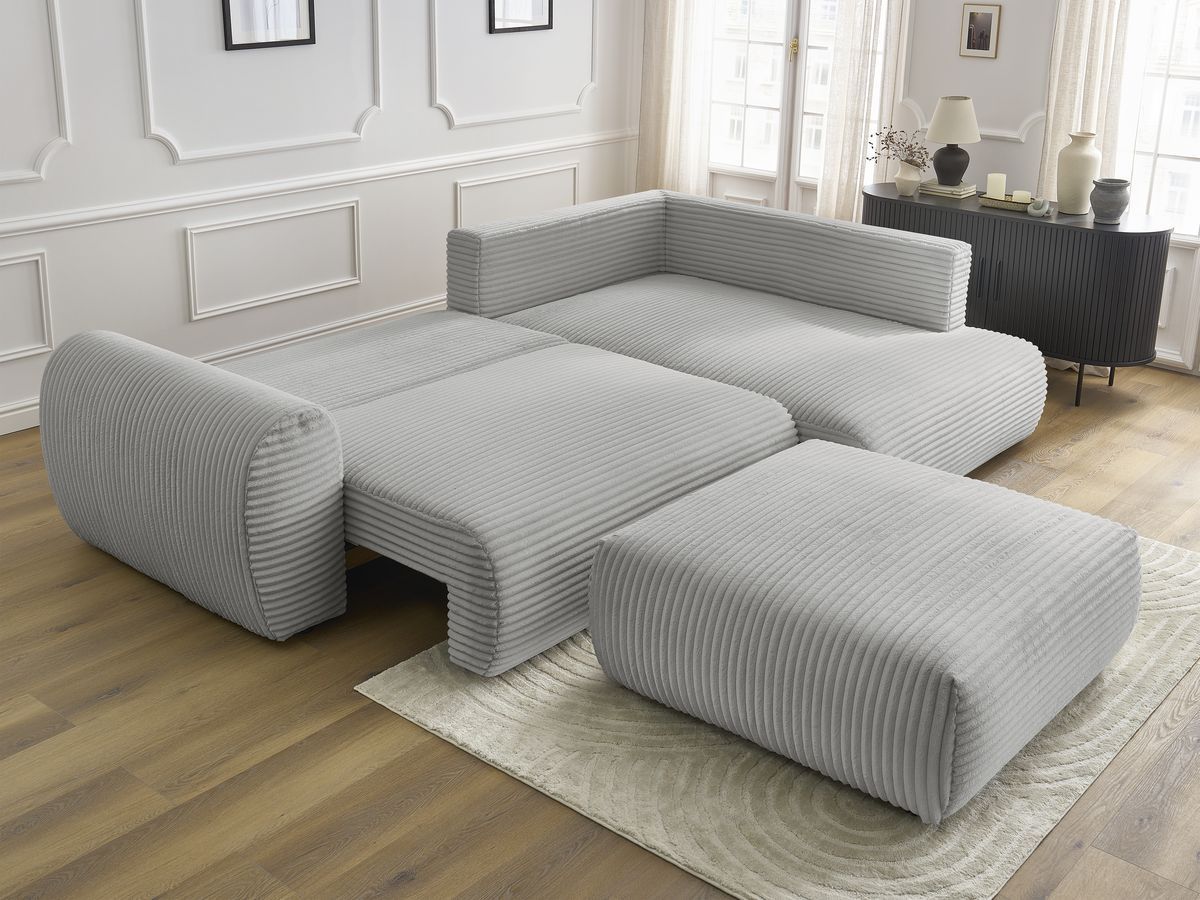 Canapé d'angle L convertible coffre LUCIEN gros côtelé doux avec pouf