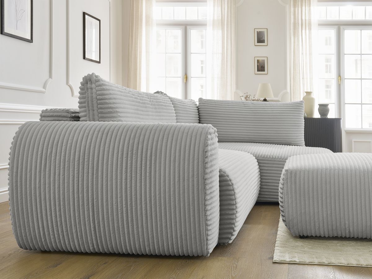 Canapé d'angle L convertible coffre LUCIEN gros côtelé doux avec pouf