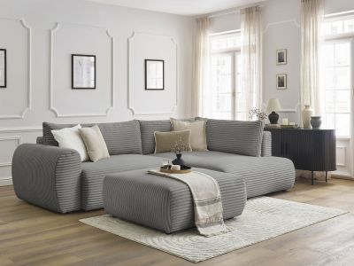 Canapé d'angle L convertible coffre LUCIEN gros côtelé doux avec pouf
