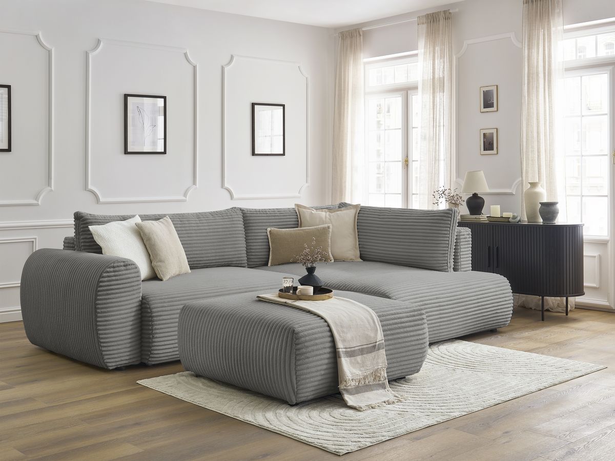 Canapé d'angle L convertible coffre LUCIEN gros côtelé doux avec pouf