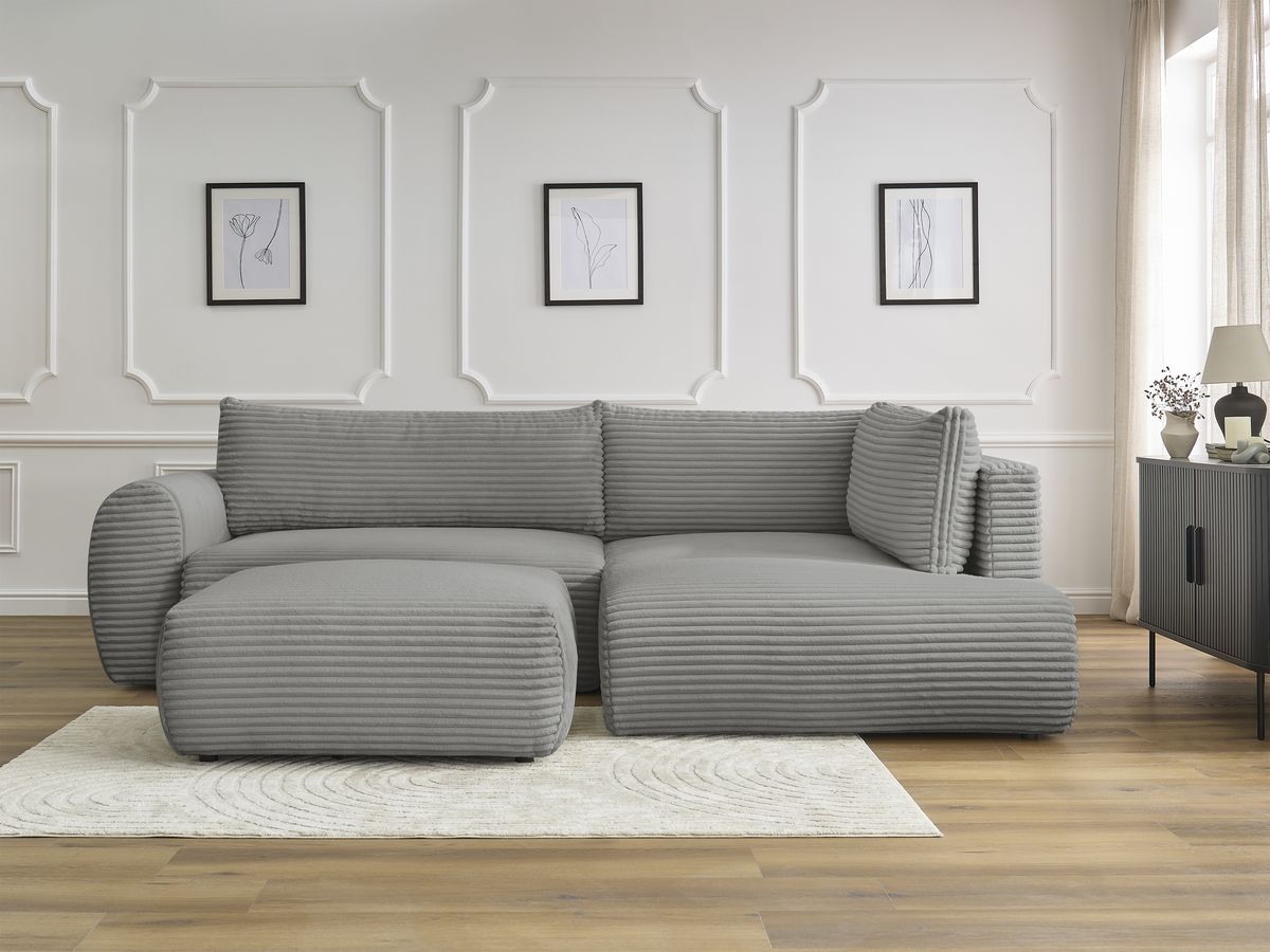 Canapé d'angle L convertible coffre LUCIEN gros côtelé doux avec pouf gris foncé — vue 5