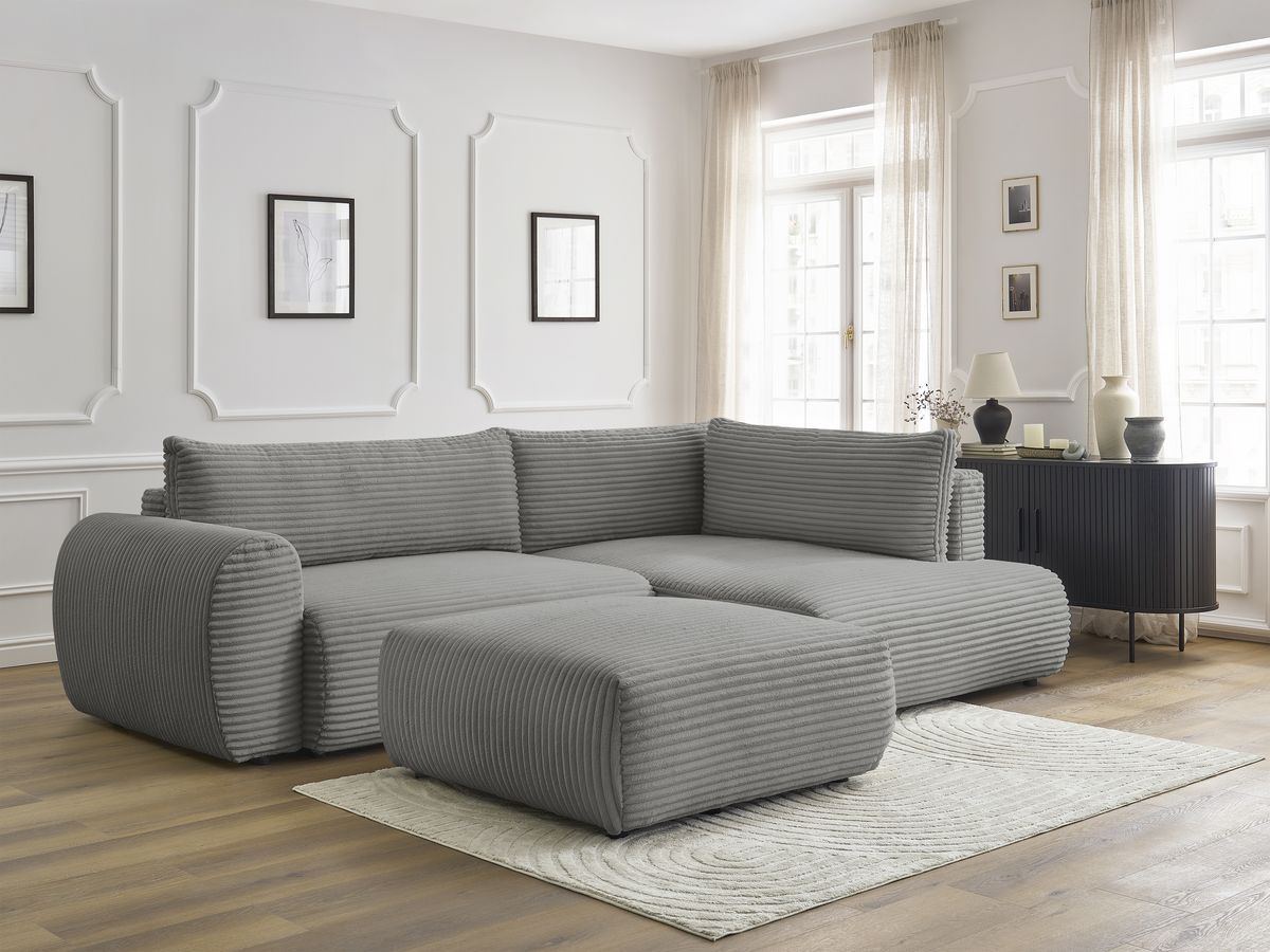 Canapé d'angle L convertible coffre LUCIEN gros côtelé doux avec pouf
