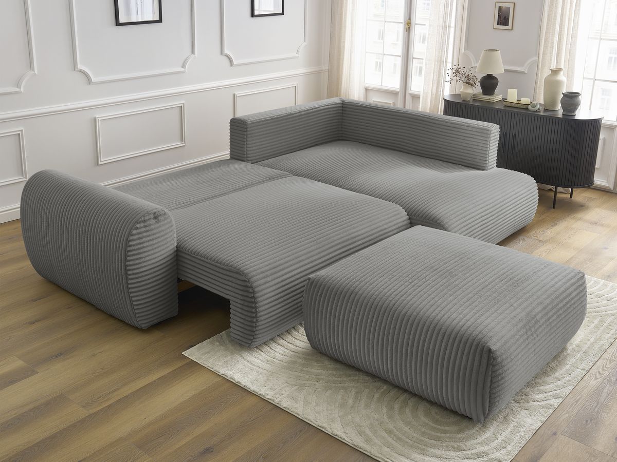Canapé d'angle L convertible coffre LUCIEN gros côtelé doux avec pouf