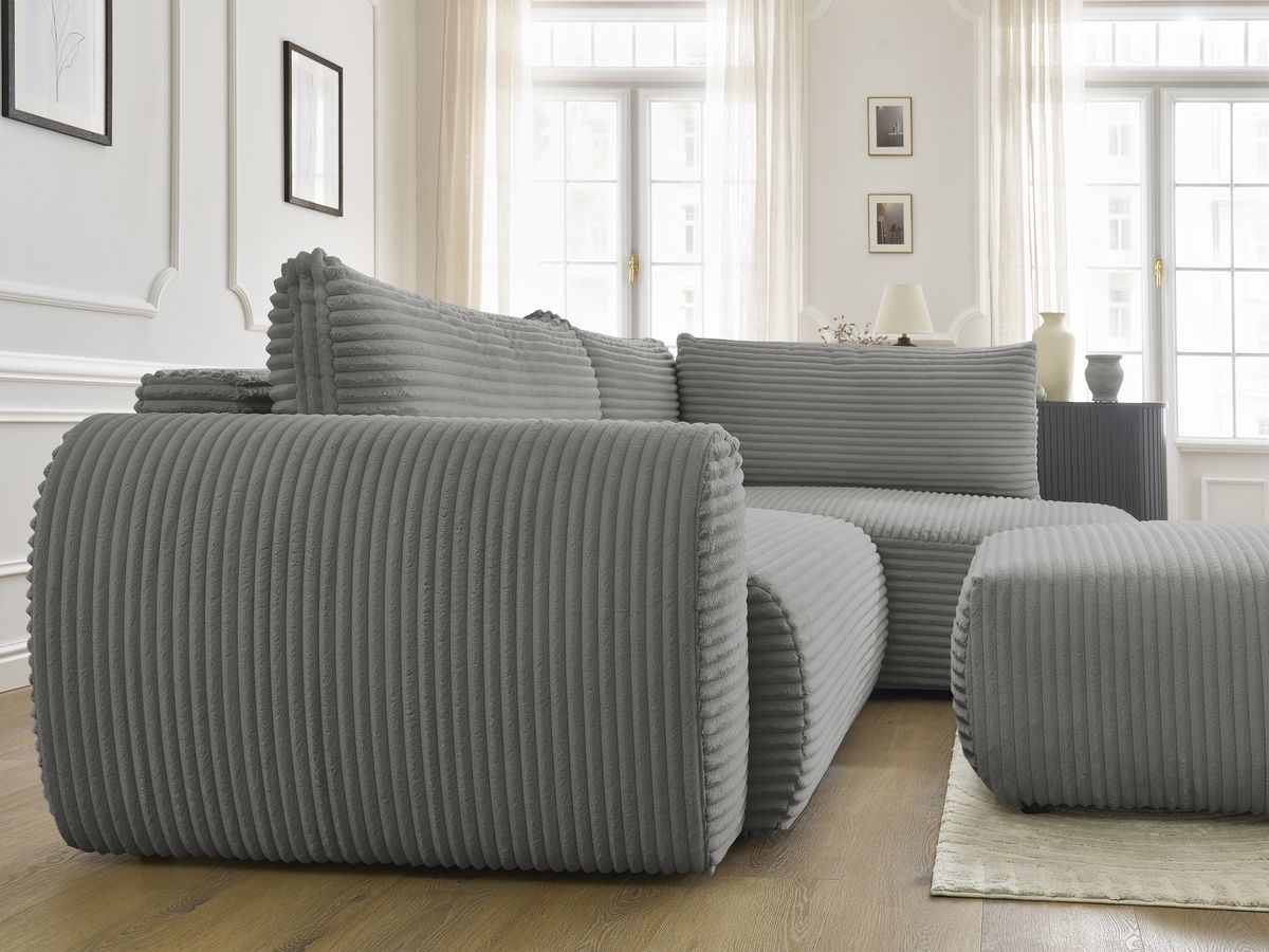 Canapé d'angle L convertible coffre LUCIEN gros côtelé doux avec pouf