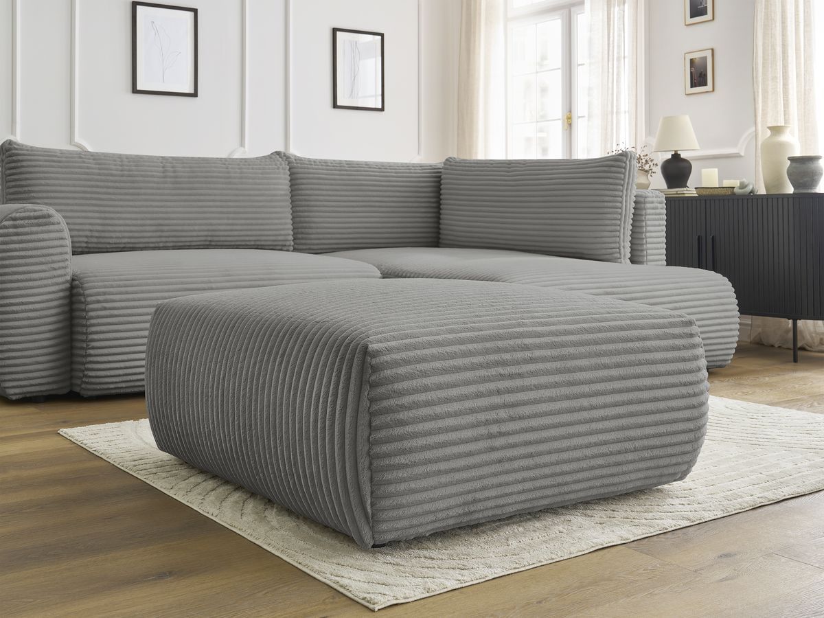 Canapé d'angle L convertible coffre LUCIEN gros côtelé doux avec pouf