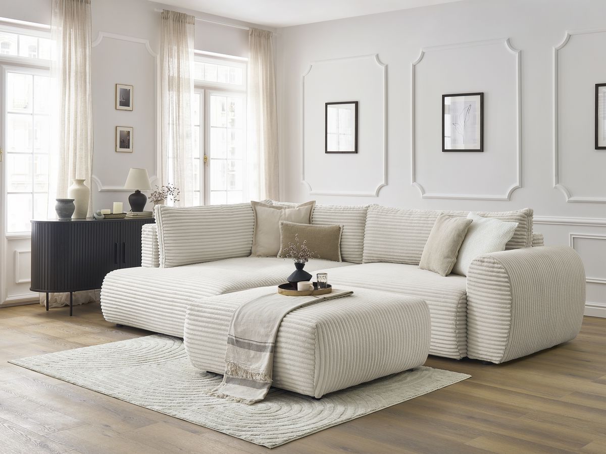 Canapé d'angle L convertible coffre LUCIEN gros côtelé doux avec pouf