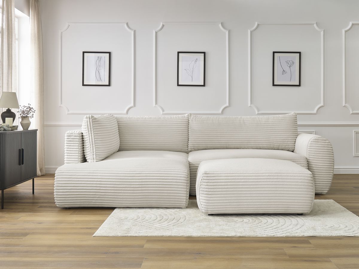 Canapé d'angle L convertible coffre LUCIEN gros côtelé doux avec pouf beige angle gauche BOBOCHIC 4 places - Vue supplémentaire 3